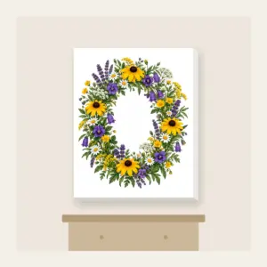 Oval Wildflower Wreath Canvas Print in white: A bold oval wildflower wreath in yellow, purple and green sits at the centre.