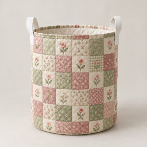 Patchwork Blossom Laundry Basket with printed front panel of patchwork squares in dusty rose, sage and cream, each with a tiny flower