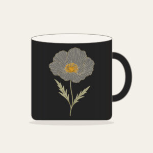 Single Line-Art Poppy Mug in black: A cream line-art poppy with two thin leaves and a small ochre center.