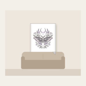 Moth and Crescent Moon with Herb Sprigs Fleece Blanket in white: A moth beneath a crescent moon with delicate herb sprigs in silver grey and pale lilac.