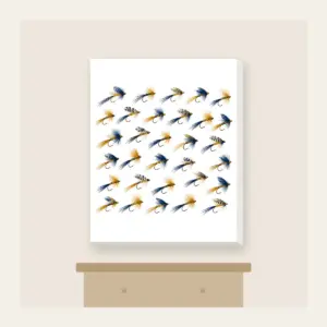 Trout Flies in Diagonal Rows Canvas Print in white: Tiny trout flies lined up in diagonal rows in navy, gold and cream.
