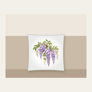 Drooping Wisteria Clusters on Cream Pillow in white: Drooping wisteria clusters in lilac and violet with green leaves on a cream base.