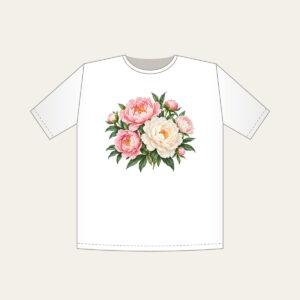 Blush and White Peonies T-Shirt in white: Peonies in blush and white with green leaves on a cream base.