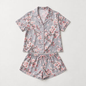 Cherry Blossom Satin Short Pajama Set with cherry blossom branches in pink and white on soft grey