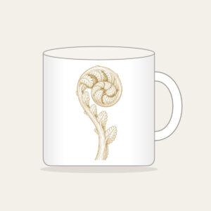 Unrolling Fiddlehead Fern Mug in white: A single fiddlehead fern unrolls in cream line art.