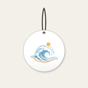 Curling Wave and Little Sun Ceramic Ornament in white: A curling wave in white, pale blue and sand with a small sun disc above.