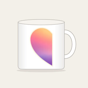 Dawn Gradient Half Heart Mug in white: A left-half heart filled with a dawn gradient of peach, rose and pale violet, edged with a thin cream border.