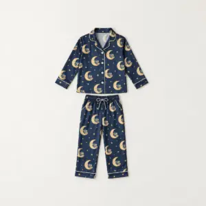 Moon Library Kids Satin Pajamas with all-over repeat of a crescent moon holding a small stack of books with tiny stars in navy and gold