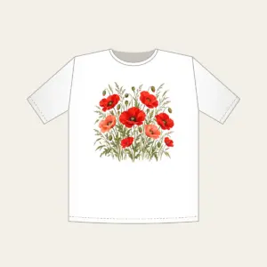 Poppies and Tall Grasses on Cream T-Shirt in white: Red and coral poppies stand among tall olive grasses on a cream ground.