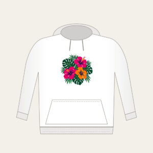 Hibiscus and Monstera Midnight Hoodie in white: Magenta and orange hibiscus flowers with deep green monstera leaves on a navy base.