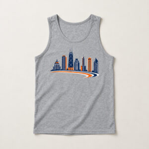 Sport Grey Skyline Run Tank with compact front chest panel print of a skyline of seven buildings with a curved track line beneath in navy, orange and white