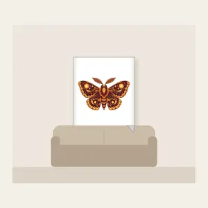Glowing Amber Moth Fleece Blanket in white: A large moth with intricately patterned wings, each marked with a glowing circle in amber and plum.