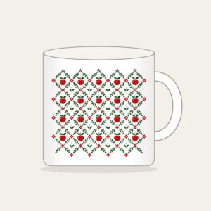 Orchard Diamond Lattice Mug in white: A diamond lattice with small apple and leaf motifs in red, cream and green.