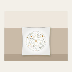 Map Lines with Blooms and Stars Pillow in white: Winding map lines carry small blooms and stars in sage, cream and ochre.