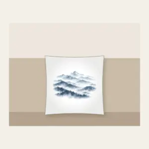 Misty Grey-Blue Ridgelines Pillow in white: Grey-blue ridges layer into fog across the artwork.