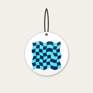 Ripple Checkerboard in Navy and Aqua Ceramic Ornament in white: A checkerboard whose squares ripple like waves in navy and aqua.