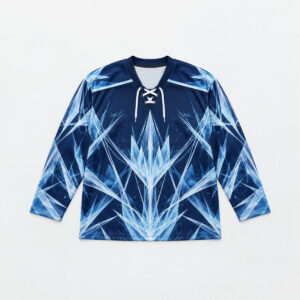 Frost Lines Yoke Hockey Jersey with frosted crystal lines in ice blue and white on a navy yoke and body