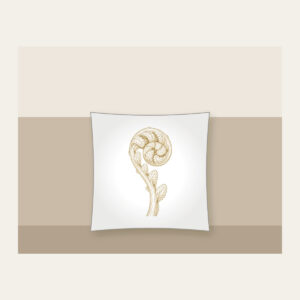 Unrolling Fiddlehead Fern Pillow in white: A single fiddlehead fern unrolls in cream line art.