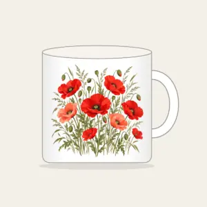 Poppies and Tall Grasses on Cream Mug in white: Red and coral poppies stand among tall olive grasses on a cream ground.