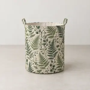 Fern Grove Laundry Basket with a repeat of ferns and tiny berries in sage, deep green and cream, printed around the whole basket body