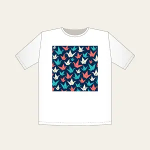 Origami Cranes on Navy T-Shirt in white: Folded paper cranes in coral, teal and cream scatter across a navy ground.