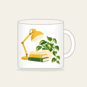 Lamplit Desk with Books and Fern Mug in white: A warm yellow desk lamp glows beside a stack of books and a potted plant in cream and green.
