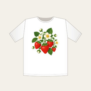 Strawberry Cluster with Blossoms T-Shirt in white: A cluster of ripe strawberries with white blossoms and tiny leaves in red, green and cream.