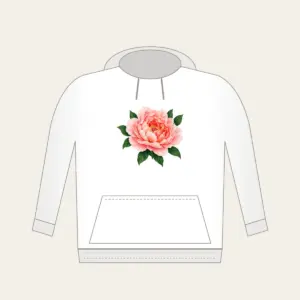 Full-Blown Peony with Green Leaves Hoodie in white: A full-blown peony in blush and coral with deep green leaves.