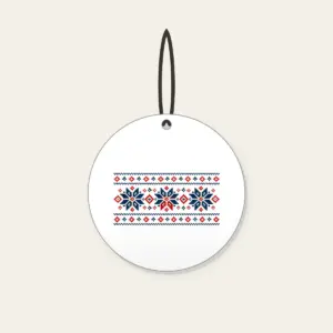 Fair Isle Snowflake Band Ceramic Ornament in white: A Fair Isle-style band of snowflakes and small diamonds in navy, cream and red.