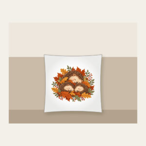 Sleeping Hedgehogs in Autumn Leaves Pillow in white: Little hedgehogs curl up asleep among fallen leaves in brown, rust and sage.