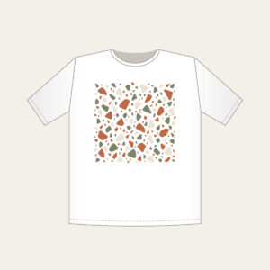 Terracotta and Sage Terrazzo Chips T-Shirt in white: Terrazzo chips scattered in terracotta, sage and cream.