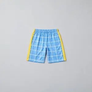 Sky Check Youth Soccer Shorts with sky blue checks with thin white lines and a yellow side stripe