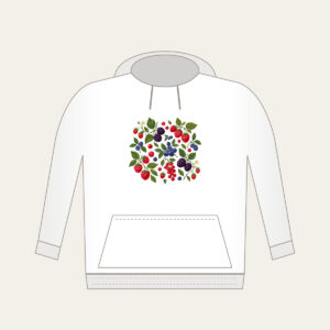 Wild Berries and Leaves Hoodie in white: A scatter of wild berries and leaves in plum, red and green on cream.