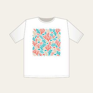 Coral Branch and Fish Scale Mosaic T-Shirt in white: An all-over mosaic of coral branches and small fish scales in coral, turquoise and sand.