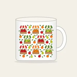 Fruit Crates and Striped Awnings Mug in white: Crates of apples, oranges and pears under striped awnings in red, orange and green on cream, balanced for little ones.