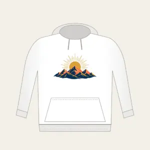 Mountain Range with a Golden Sunrise Disc Hoodie in white: A mountain range at sunrise with a golden sun disc at the center in navy, coral and gold.