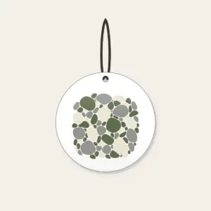 River Stones in Moss and Grey Ceramic Ornament in white: Smooth river stones in moss green, grey and cream are traced with fine white outlines.