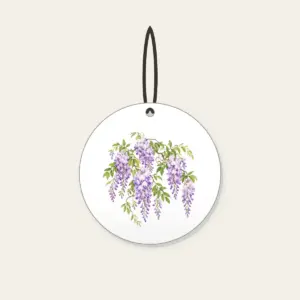 Cascading Wisteria Blossoms Ceramic Ornament in white: Lilac wisteria blossoms cascade across a pale ground, threaded with fresh green leaves.