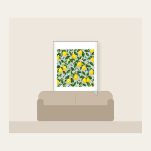 Lemon and Bee Garden Repeat Fleece Blanket in white: A repeat of lemons, glossy leaves and tiny bees in yellow and green on a pale blue-grey ground.