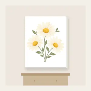 Three Daisies in Butter Yellow Canvas Print in white: Three daisies with tiny leaves in cream, butter yellow and sage.