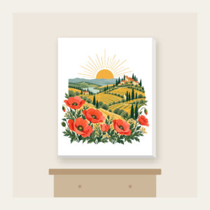 Terraced Hills at Sunrise with Poppies Canvas Print in white: Terraced hills under a rising sun with poppies in the foreground in coral, gold and green.