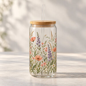 Wildflower Sipper Glass with wrap band of wildflowers and tall grasses in coral, lilac and green, 16oz with lid version