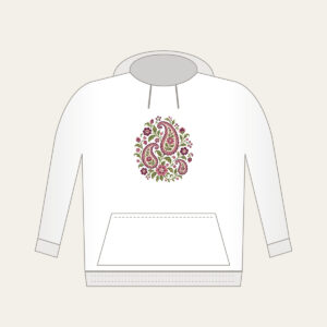 Plum and Olive Paisley Garden Hoodie in white: A paisley garden pattern with small flowers in plum, rose and olive on cream.