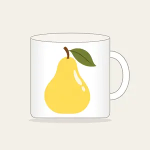 Butter Yellow Pear with Olive Leaf Mug in white: A stylized butter-yellow pear with an olive leaf and a small cream highlight, drawn in a clean, rounded outline.