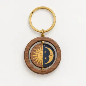 Sun and Moon Spinning Wood Keychain with a round wood piece with a spinning inner circle printed with a half sun and half moon in gold and navy