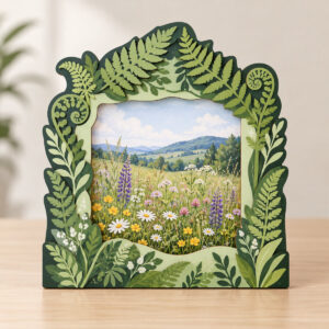 Four-Tone Fern Layered Frame with a layered fern-leaf border in four tones of green around a central window that holds an original sample botanical picture of a meadow with wildflowers