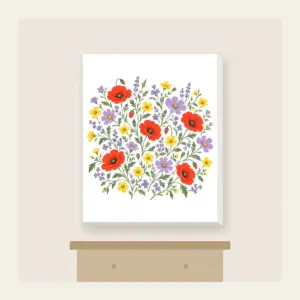 Wildflower Scatter on Sage Canvas Print in white: Wildflowers in lavender, poppy red and butter yellow scatter over a sage ground.