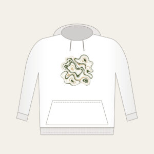Moss and Sand Contour Lines Hoodie in white: Flowing contour lines in moss, sand and cream trace the shape of a quiet landscape.