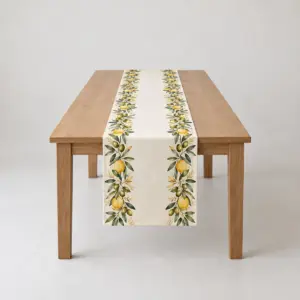 Olive Branch Border Table Cloth with an olive and lemon branch border along both long edges in green, gold and cream