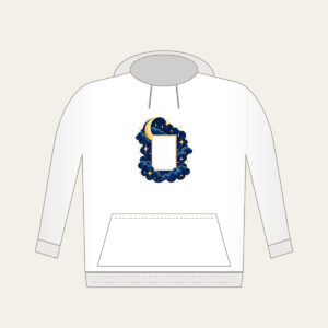 Starry Navy Sky with an Open Center Hoodie in white: A deep-blue sky of tiny stars and a crescent surrounds an empty central rectangle.
